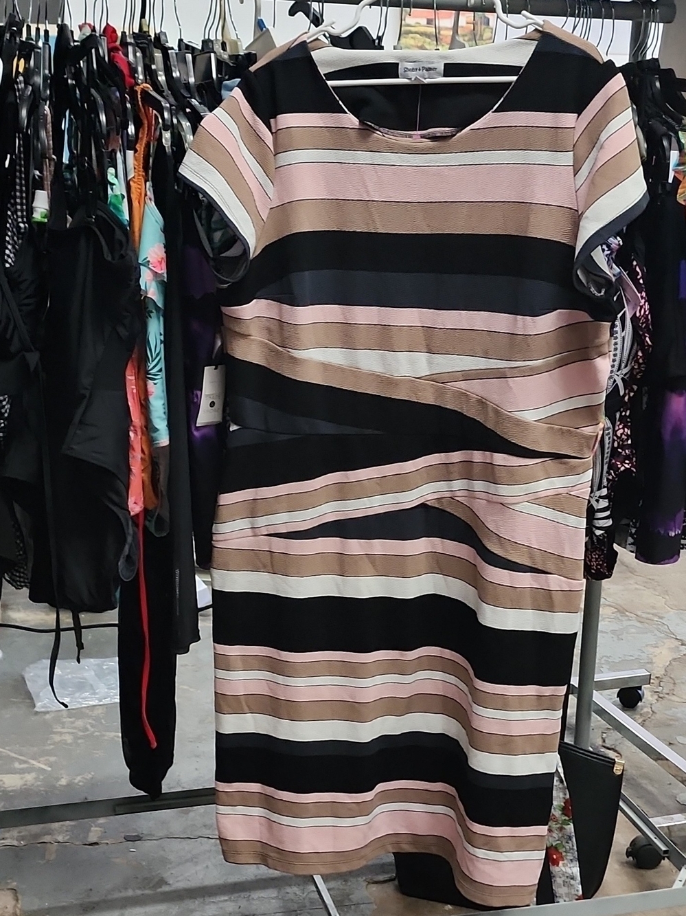 Shelby & Palmer Black, Blush Pink and Cream Striped Midi Dress